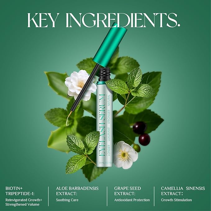 Eyelash Growth Serum: Promotes natural lash growth for longer, thicker, and stronger lashes while nourishing lash health. Vegan, cruelty-free & gentle on sensitive eyes. 3mL (2-month supply)