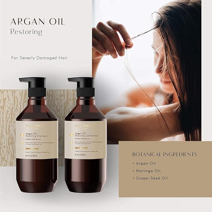 Theorie Argan Oil Restoring Shampoo - Rejuvenate & Moisturize - Sulfate Free - Suited for All Hair Types - Safe for Color & Keratin Treated Hair, Pump Bottle 800mL.