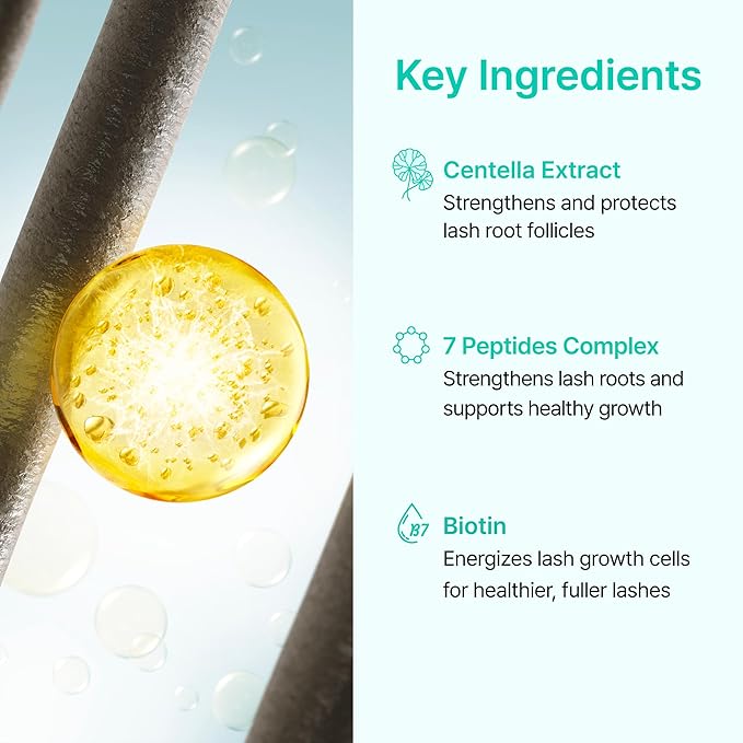 Korean Lash Serum for Fuller, Thicker Lashes | Daily Eyelash & Eye Brow Growth Booster with Biotin, Centella, Peptides, Hyaluronic Acid | Prostaglandin-Free, Vegan, Non-Irritating, 0.3 fl oz