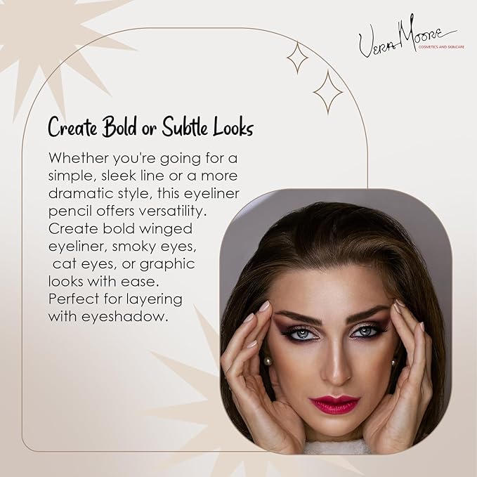 Vera Moore Slim Eye Liner Pencil, Smooth Formula, Hypoallergenic and Vegan, Smudge-Proof and Waterproof Application, Bold and Defined Lines Eyeliner, (0.05 Oz) (Black Eyeliner)