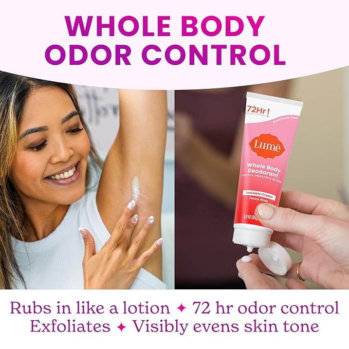 Lume Whole Body Deodorant - Invisible Cream Tube - 72 Hour Odor Control - Aluminum Free, Baking Soda Free, Skin Safe - 3.0 ounce (Pack of 2) (Peony Rose)