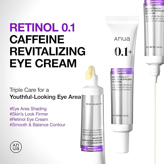 ANUA Retinol 0.1 Caffeine Revitalizing Eye Cream, Under Eye Cream For Hydration, Glow Up Eye Contour, Niacinamide, Retinol For Face, Night Cream For Eye Care, Korean Skin Care (30g/1.05oz)