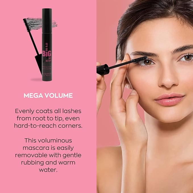 Elizabeth Mott Black Volumizing Mascara – Smudge-Proof, Lengthening Fiber Formula, Hourglass Wand – Clump-Free, Water-Resistant & Cruelty-Free – Safe for Lash Extensions, Long-Lasting, Full-Size 8ml