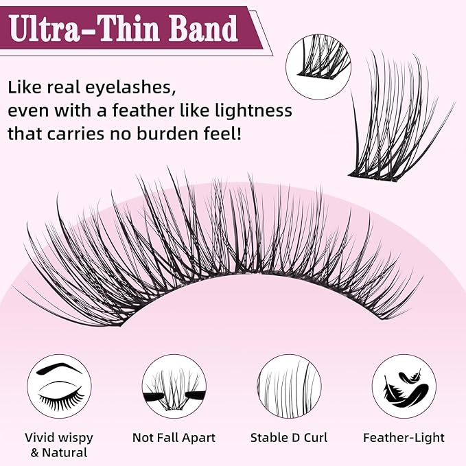 Natural Wispy Lash Clusters Kit 10-18mm Mix D Curl DIY Extension Eye Lashes False Wispy EyeLash Cluster with Bond & Seal, Glue Remover, Tweezers(U14)
