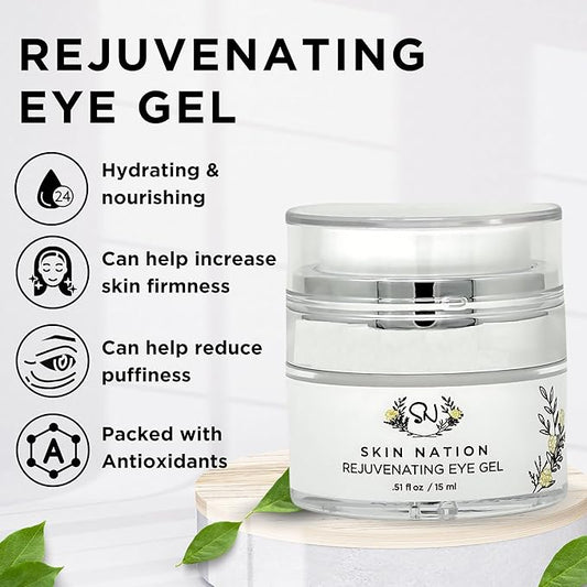 Skin Nation Rejuvenating Eye Gel, Super Hydrating with Peptides, Hyaluronic Acid and Green Tea, Lightweight Plant Based Under Eye Cream for Puffiness, Dark Circles and Smooth Skin, 0.51 oz