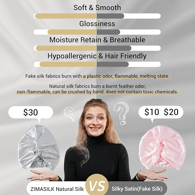ZIMASILK 22 Momme 100% Mulberry Silk Bonnet for Sleeping & Women Hair Care, Highest Grade 6A Silk Hair wrap for Sleeping with Premium Elastic Stay On Head (1Pc, Light Grey)