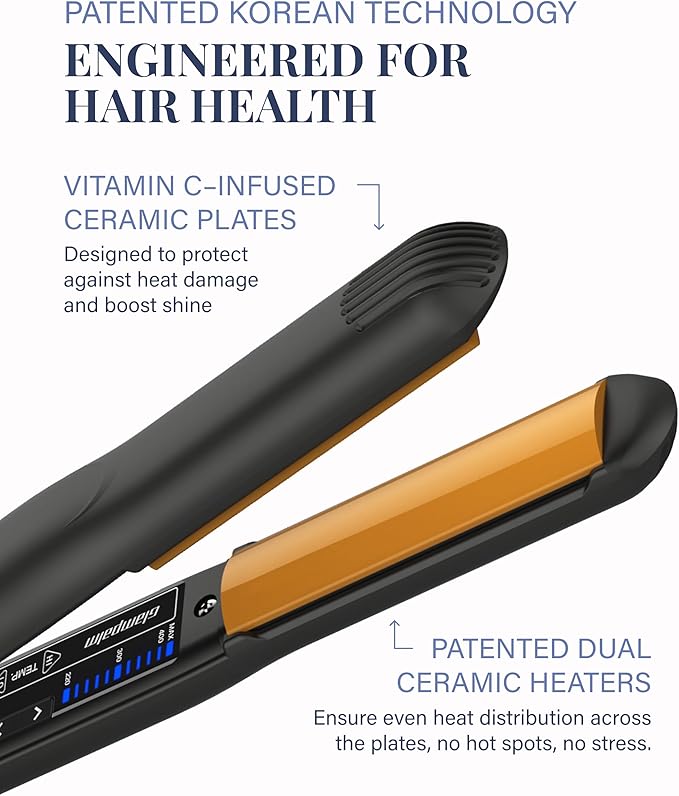 GLAMPALM Hair Straightener 1" Ceramic Volumizing flat iron Infused with Vita C, Korea's No.1 Professional Salon Tool, Curved Plates, Dual Voltage, 11 Heat Settings(220°–450°), 25s Fast Heat-Up (GP202)