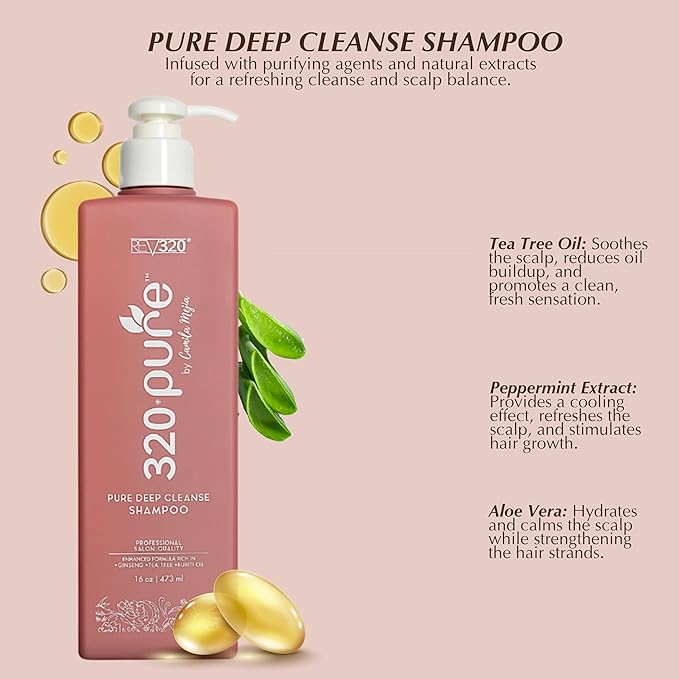 Pure Deep Cleanse Clarifying Shampoo for Build Up 16oz, Oily Hair Cleaner for Soft & Hard Water, Made with Natural Ingredients, Detox Shampoo That Thickens & Nourishes Straight & Curly Hair 320Pure