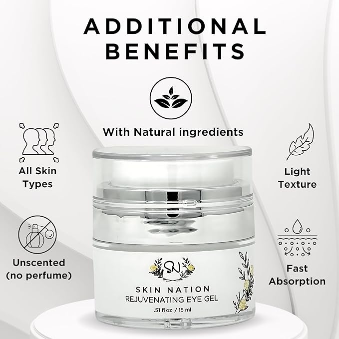 Skin Nation Rejuvenating Eye Gel, Super Hydrating with Peptides, Hyaluronic Acid and Green Tea, Lightweight Plant Based Under Eye Cream for Puffiness, Dark Circles and Smooth Skin, 0.51 oz