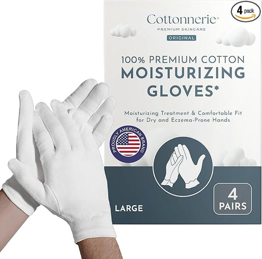 4 Pairs Cottonnerie Original Cotton Gloves for Dry Hands Sleeping, Moisturizing Gloves Overnight, Hand Moisturizer Gloves, Moisture Gloves for Dry Hands Overnight, Sleeping Gloves, Large