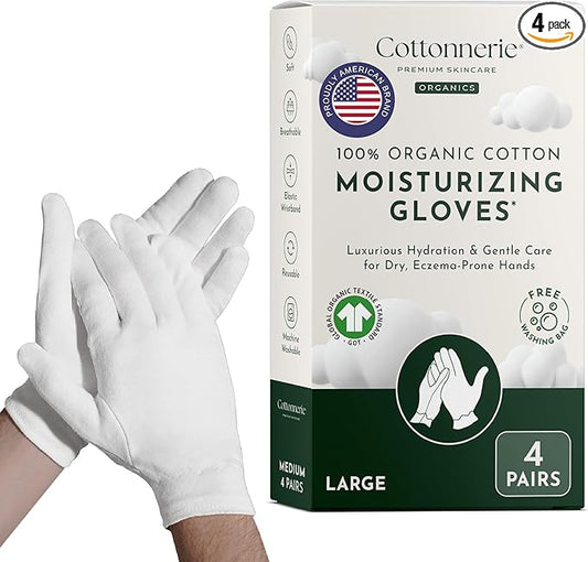 4 Pairs Cottonnerie Organic Cotton Gloves for Dry Hands Sleeping, Moisturizing Gloves Overnight, Hand Moisturizer Gloves, Moisture Gloves for Dry Hands Overnight, Sleeping Gloves, Large