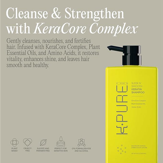 Rev320 Sleek N' Smooth Keratin Shampoo by K-Pure, KeraCore Technology, Sulfate & Paraben Free, Anti Frizz Shampoo for Strengthening, Smoothing and Shine, for Thinning Hair for Women, for Damaged Hair
