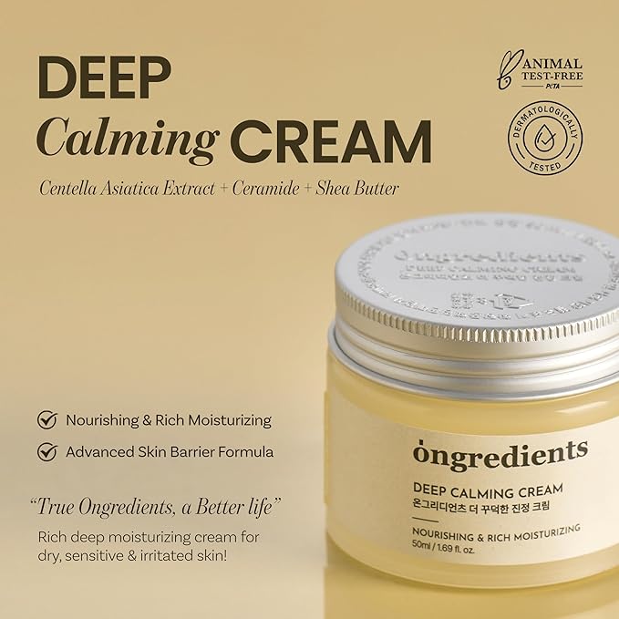 ONGREDIENTS Deep Calming Cream | Daily Face Moisturizer for Dry, Sensitive Skin | Centella Asiatica, Ceramide, Soothing, Skin Barrier, Hydrating | Fragrance-Free, Korean Skincare 1.69 fl Oz