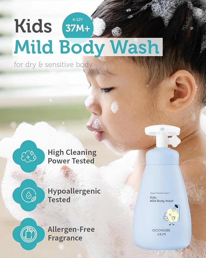 GOONGBE Kids' Mild Body Wash - Korean Kids Body Cleanser - Hydrating & Refreshing Low pH Soft Bubble Foaming with Panthenol and Amino Acids - Allergen Free Scent, 10.1 fl.oz.