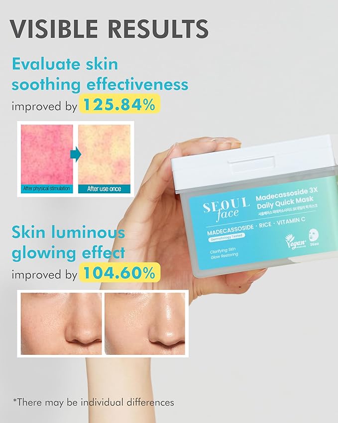 DERMAL Seoul Face Madecassoside 3X Daily Quick Mask 36 Sheet – Korean Skincare Vegan Tencel Facial Masks - Improving Dark Spots, Soften Skin Mask Sheets with Rice, Vitamin C, Panthenol