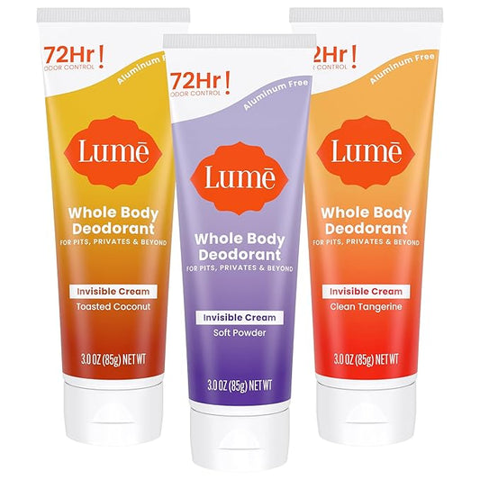 Lume Whole Body Deodorant - Invisible Cream Tube - 72 Hour Odor Control - Aluminum Free, Baking Soda Free, Skin Safe - 3.0 ounce (Pack of 3) (Toasted Coconut, Soft Powder & Clean Tangerine)