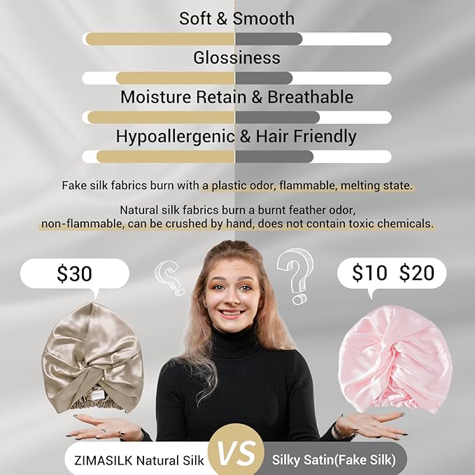 ZIMASILK 22 Momme 100% Mulberry Silk Bonnet for Sleeping & Women Hair Care, Highest Grade 6A Silk Hair wrap for Sleeping with Premium Elastic Stay On Head (1Pc, Taupe)