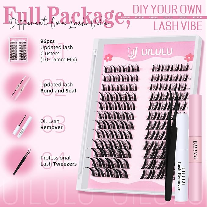 Manga Fairy Lash Clusters Kit 10–16mm–Anime FoxEye D Curl Eyelash Clusters (Left & Right WideSpan)–DIY Wet Look Lash Extension Kit with Bond & Seal, Glue Remover & Tweezers(U29 Lash Kit)