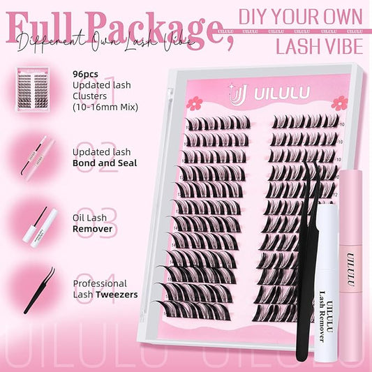 Manga Fairy Lash Clusters Kit 10–16mm–Anime FoxEye D Curl Eyelash Clusters (Left & Right WideSpan)–DIY Wet Look Lash Extension Kit with Bond & Seal, Glue Remover & Tweezers(U29 Lash Kit)