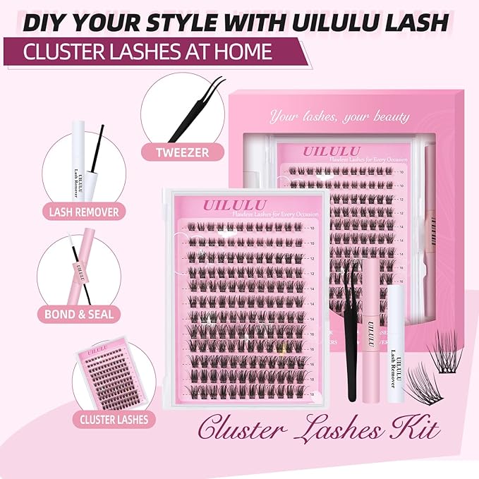Natural Wispy Lash Clusters Kit 10-18mm Mix D Curl DIY Extension Eye Lashes False Wispy EyeLash Cluster with Bond & Seal, Glue Remover, Tweezers(U14)