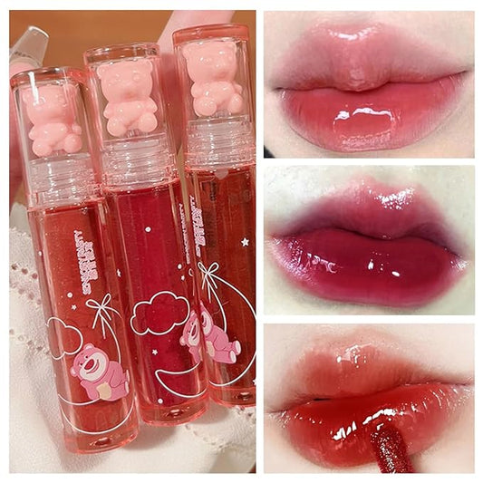 3 Colors Bear Lip Gloss,Jelly Lip Glaze,Cute Liquid Lipstick Bear Lip Stain Watery Lipgloss Plumping Lip Tint Moisturizing Waterproof Long Lasting for Lip and Cheek
