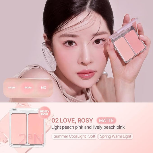 2aN Dual Color Face Blusher, Buildable & Blendable Cheek Color, Powder Blush, Korean Beauty (02 Love, Rosy, 1.5 oz)