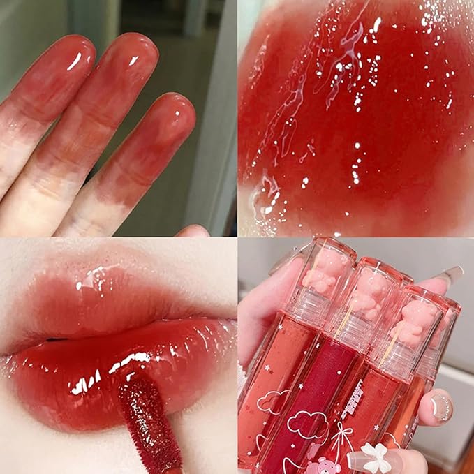 3 Colors Bear Lip Gloss,Jelly Lip Glaze,Cute Liquid Lipstick Bear Lip Stain Watery Lipgloss Plumping Lip Tint Moisturizing Waterproof Long Lasting for Lip and Cheek