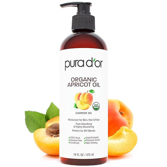 PURA D'OR 16 Oz ORGANIC Apricot Kernel Oil - 100% Pure & Natural USDA Certified Cold Pressed Carrier Oil - Antioxidant & Vitamin E Rich Moisturizer for Natural Glow & Softness - Face, Skin & Hair
