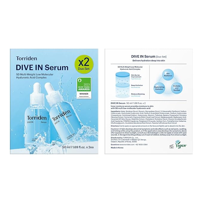 Torriden DIVE IN Hyaluronic Acid Serum 50ml(1.69 fl.oz.) * 2 (Pack of 2) | Deep Hydration to Get Glow Skin | Hyaluronic Acid, Panthenol, Allantoin | Korean Facial Serum