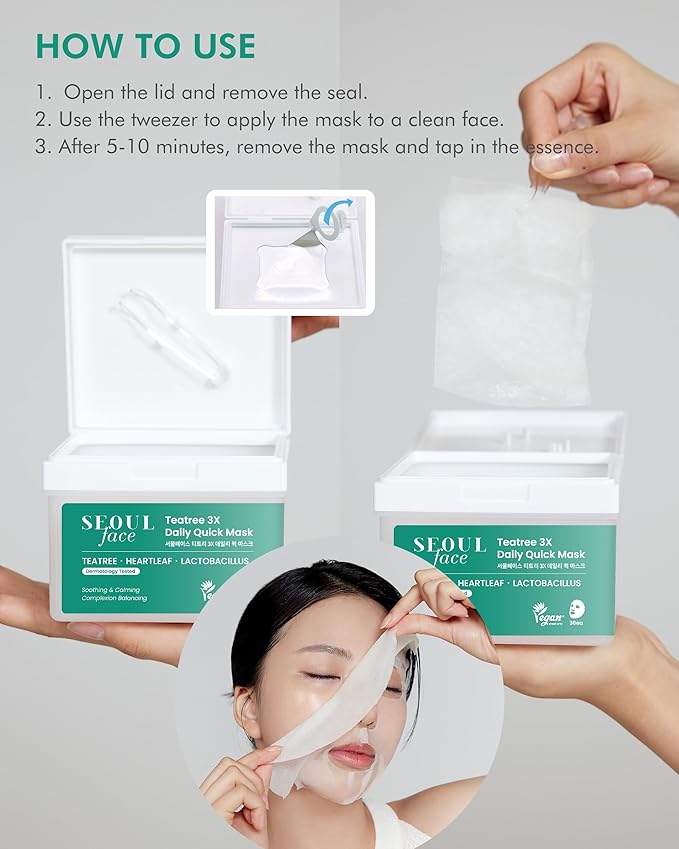 DERMAL Seoul Face Teatree 3X Daily Quick Mask 36 Sheet – Korean Skincare Vegan Tencel Facial Masks - Calming, Soothing, Blemish Control Face Mask Sheets with Heartleaf Extract, Lactobacillus
