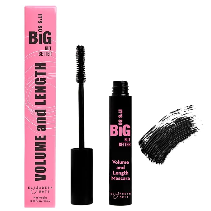 Elizabeth Mott Black Volumizing Mascara – Smudge-Proof, Lengthening Fiber Formula, Hourglass Wand – Clump-Free, Water-Resistant & Cruelty-Free – Safe for Lash Extensions, Long-Lasting, Full-Size 8ml