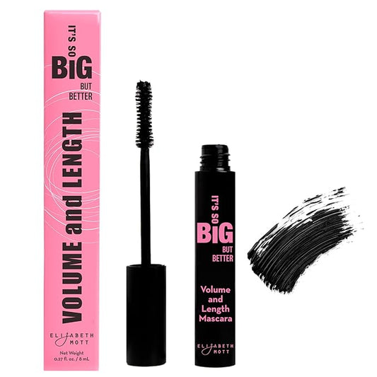 Elizabeth Mott Black Volumizing Mascara – Smudge-Proof, Lengthening Fiber Formula, Hourglass Wand – Clump-Free, Water-Resistant & Cruelty-Free – Safe for Lash Extensions, Long-Lasting, Full-Size 8ml