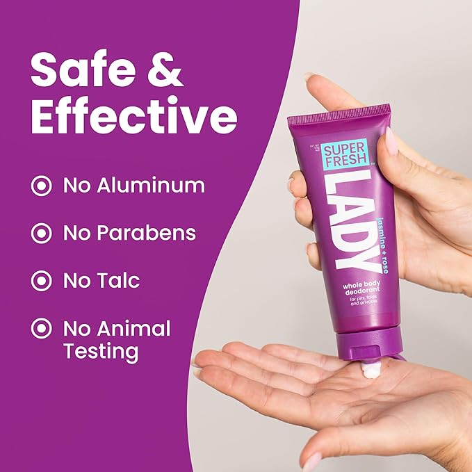 Super Fresh Lady Whole Body Deodorant for Women Aluminum Free Powder Lotion for Privates Body and Skin Folds Controls Odor and Keeps You Fresh Jasmine Rose Scented Feminine Hygiene Care 4 oz Tube