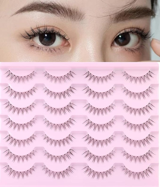 False Lashes Natural Look Short False Eyelashes Wispy 100% Handmade Clear Band Lashes Cat Eye Korean Faux Mink Strip Eyelashes Pack 14 Pairs