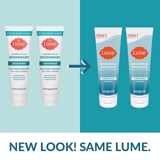 Lume Whole Body Deodorant - Invisible Cream Tube - 72 Hour Odor Control - Aluminum Free, Baking Soda Free, Skin Safe - 3.0 ounce (Pack of 2) (Unscented)