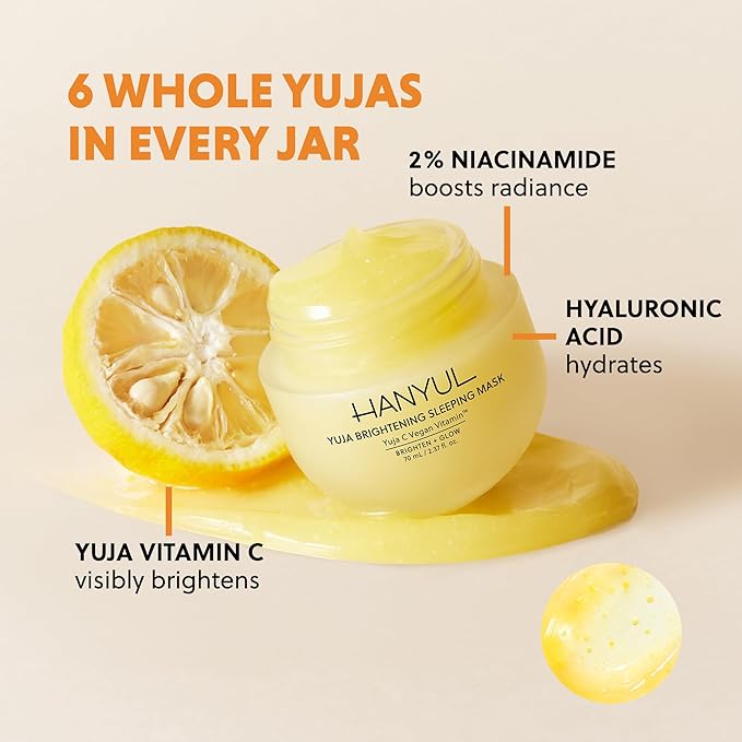 Hanyul Yuja Sleeping Mask | Korean Yuzu Night Cream, Vitamin C for Glow, Radiance, Brightening, Vegan Hydrating Overnight Moisturizer with Hyaluronic Acid, Niacinamide & Antioxidants 2.37 fl. oz.