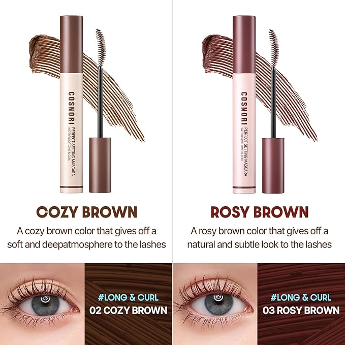 COSNORI Perfect Setting Waterproof Mascara Long&Curl 02 Cozy Brown – Long Lasting Smudge - Brown Mascara - Soft Definition for Blue & Green Eyes - K Beauty - 0.23fl oz (7ml)