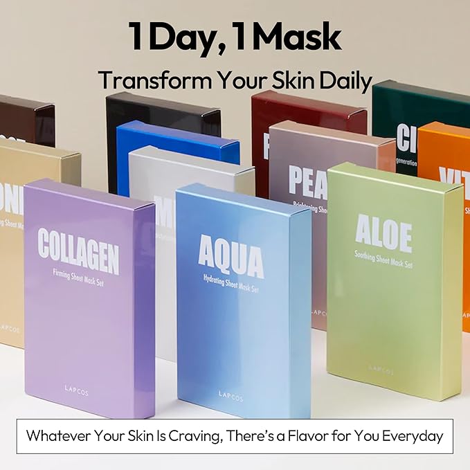 LAPCOS Collagen Sheet Mask, Firming Daily Face Mask with Collagen Peptides for Anti-Aging, Helps to Minimize Wrinkles, Restores Skin Elasticity & Firmness, Hydrating, Korean Beauty, 5-Pack