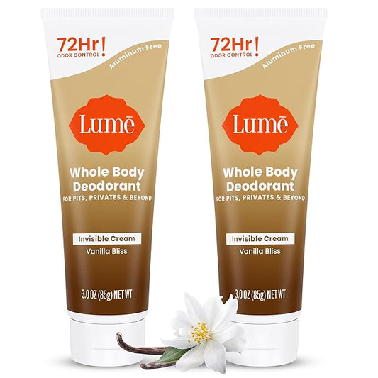 Lume Whole Body Deodorant - Invisible Cream Tube - 72 Hour Odor Control - Doctor Developed - Aluminum Free, Baking Soda Free and Skin Loving - 3.0 Ounce (Pack of 2) (Vanilla Bliss)