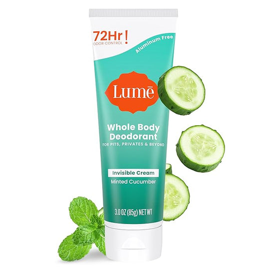 Lume Whole Body Deodorant - Invisible Cream Tube - 72 Hour Odor Control - Aluminum Free, Baking Soda Free, Skin Safe - 3.0 ounce (Minted Cucumber)