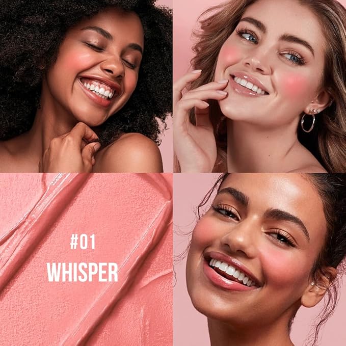 Multi-Use Waterproof Makeup Cream Blush Stick with Brush, 3-in-1 Buildable Blush Stick for Cheeks, Eyes, and Lips, All day wear, Easy Application(01 WHISPER)