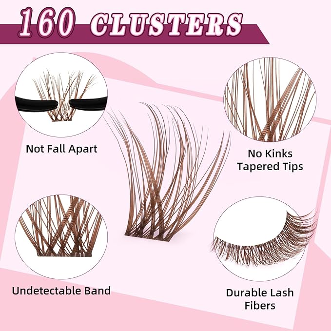 Brown Lash Clusters Kit Natural Lashes Extensions Wispy Eyelash Cluster 160pcs D Curl Left&Right with Bond & Seal, Glue Remover, Tweezers(U16)