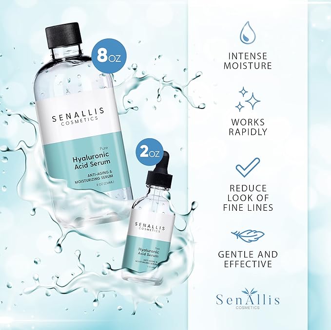 Hyaluronic Acid Serum 8 fl oz And 2 fl oz, Made From Pure Hyaluronic Acid, Anti Aging/Wrinkle, Ultra-Hydrating Moisturizer That Reduces Dry Skin Manufactured In USA