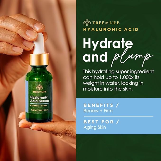 Tree of Life Beauty Hyaluronic Acid Serum, Skin Brightening Face Oil for Dark and Age Spots, Facial Serums for Dry and Sensitive Skin Care with Vitamin E for Soft Smooth Skin, 2 Fl Oz
