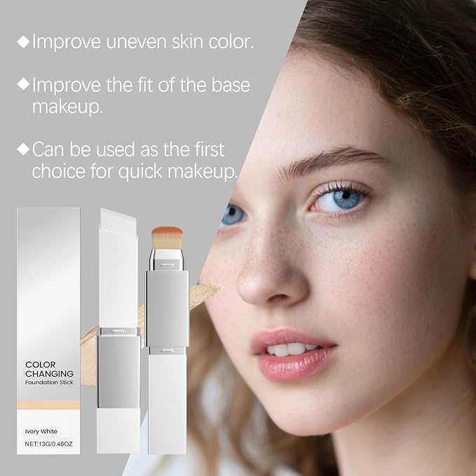 New Blanc Cover Cream Stick V - Color Changing Foundation Stick - Hydrating Concealer Base Makeup, Dual-Ended with Built-in Brush, Portable for Daily Use (Ivory White)