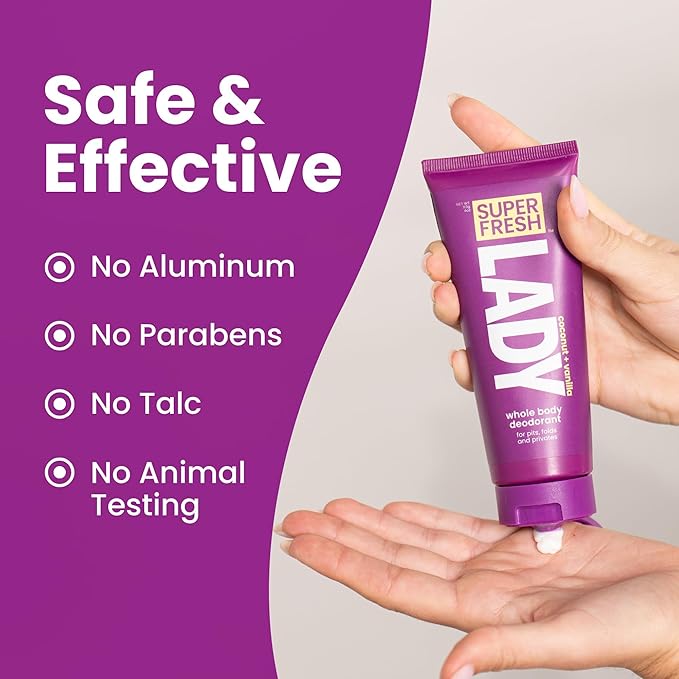 Super Fresh Lady Whole Body Deodorant for Women Twin Pack Aluminum Free Lotion for Privates Body and Skinfolds Stops Odor Coconut Vanilla Scent Feminine Hygiene Two 4 oz Tubes for Daily Use