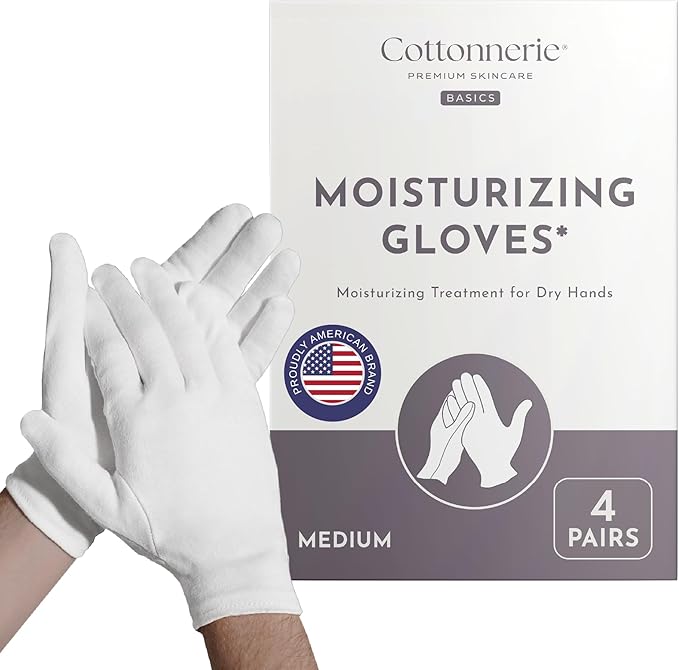 4 Pairs Cottonnerie Basics Cotton Gloves for Dry Hands Sleeping, Moisturizing Gloves Overnight, Hand Moisturizer Gloves, Moisture Gloves for Dry Hands Overnight, Sleeping Gloves, Medium