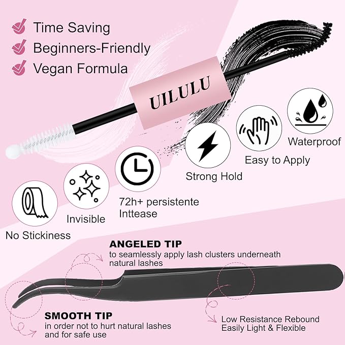 Lash Clusters Kit for DIY Lash Extension at Home, False Eyelashes Set with Bond Seal, Remover, Brush, Tweezers, D Curl Wispy Individual Clusters Lashes Eye Lash Extensions (U03 DIY Lash Kit)