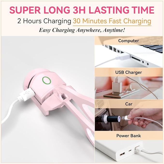 Heated Eyelash Curlers - Electric Eyelash Curler Quick Natural Curling for Long Lasting, USB Rechargeable Heated Eye Lash Curler for Women Makeup Tools (Pink)