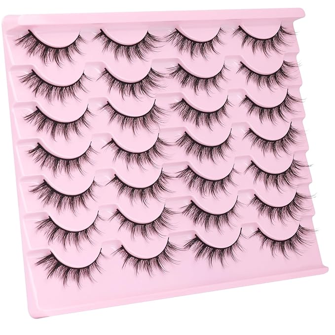 False Lashes Natural Look Wispy Eyelashes Manga Korean Spiky 16mm Short Faux Mink Eyelashes Cat Eye Natural Fake Eyelashes Strip Lashes Pack 14 Pairs
